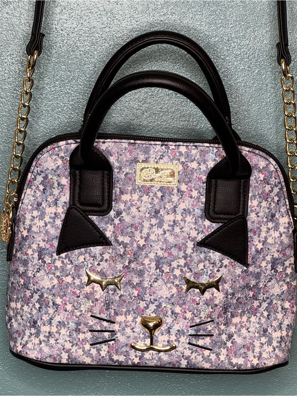 Betsy Johnson Cute Cat Face Top-Handle purse satchel Purple Floral w/black strap
